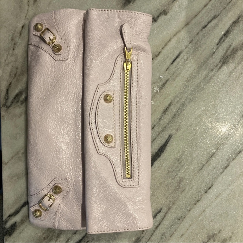 Balenciaga Light Pink Clutch with Gold Accents